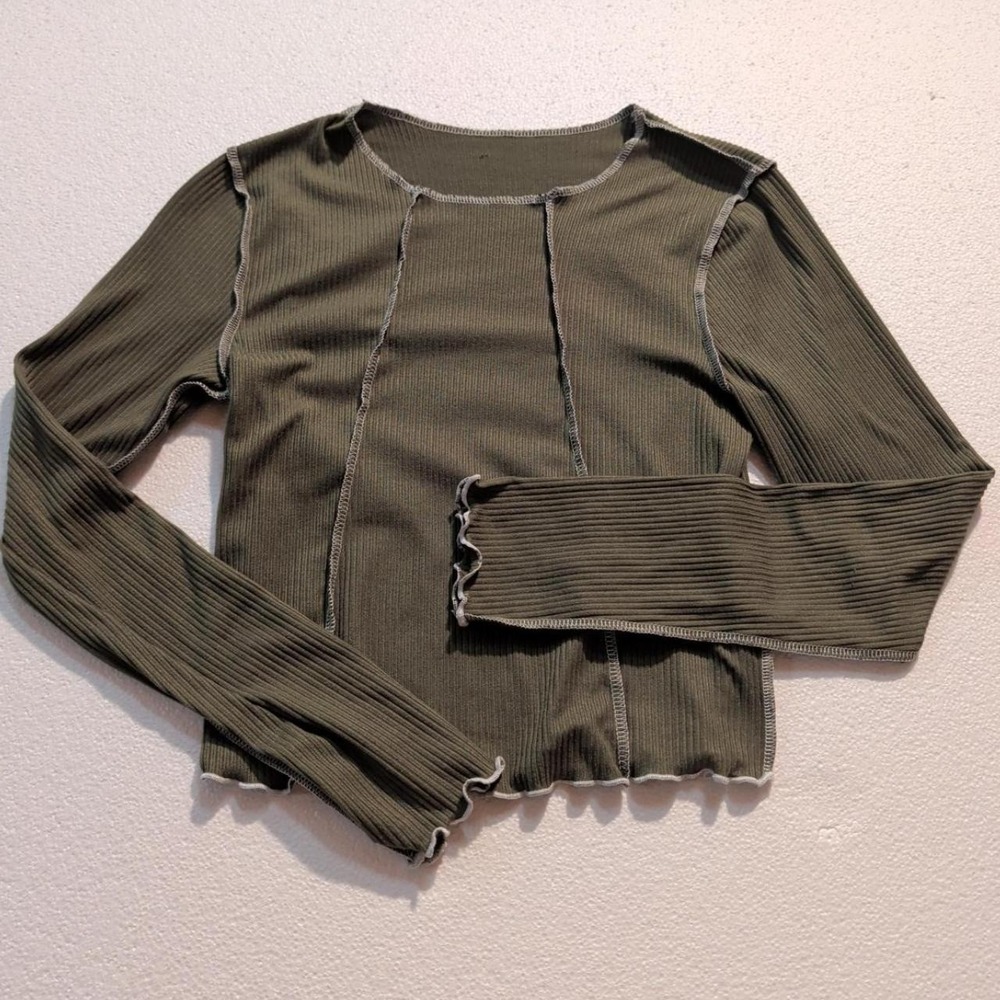 Womens Unbranded Olive Green Ribbed Long Sleeve Crop Top S Good Exposed Seams